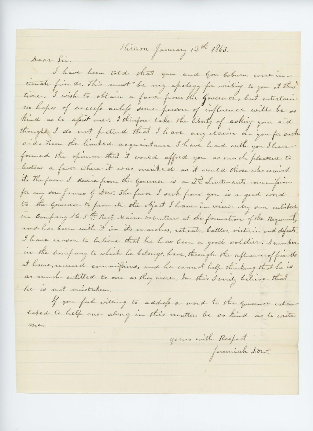 Miniature of Jeremiah Dow requests a recommendation for promotion