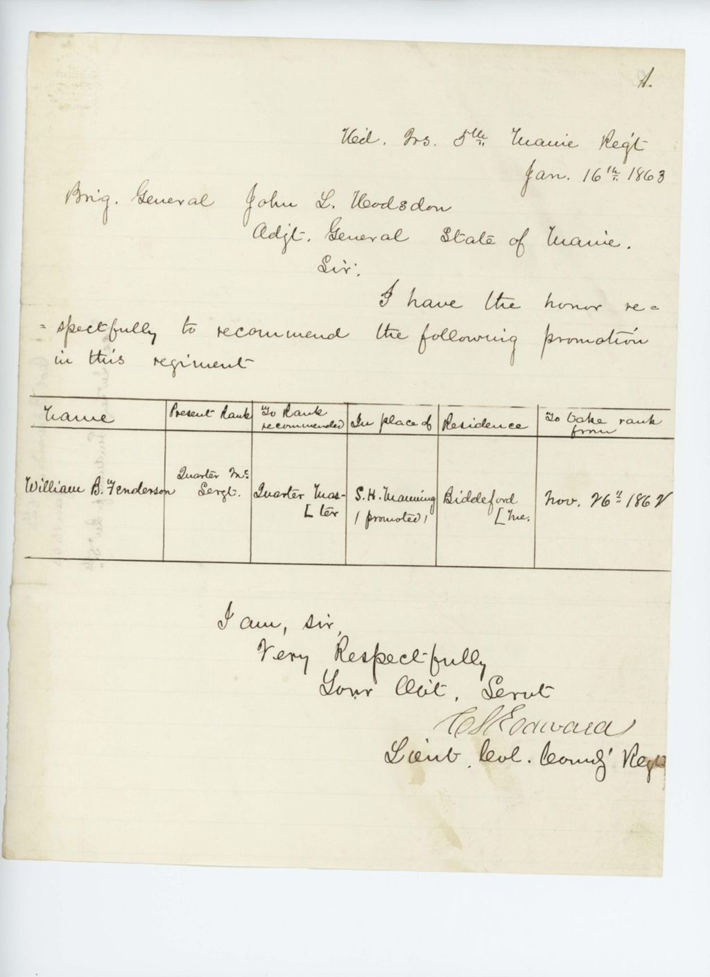 Miniature of Lieutenant Colonel Edwards recommends William B. Fenderson for promotion