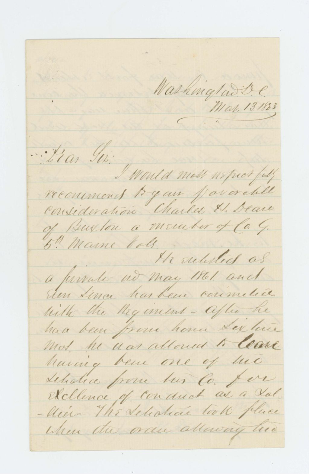 Miniature of Mark Dunnell and Josiah Drummond recommend Charles Deane for promotion