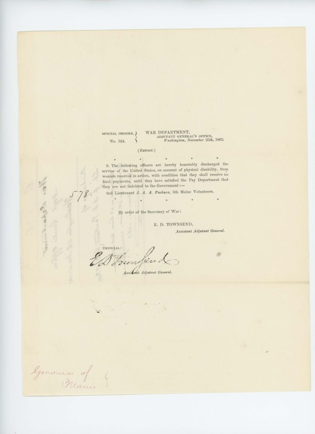 Miniature of Special Order 524 honorably discharging Lieutenant J.A.A. Packard for wounds received in action
