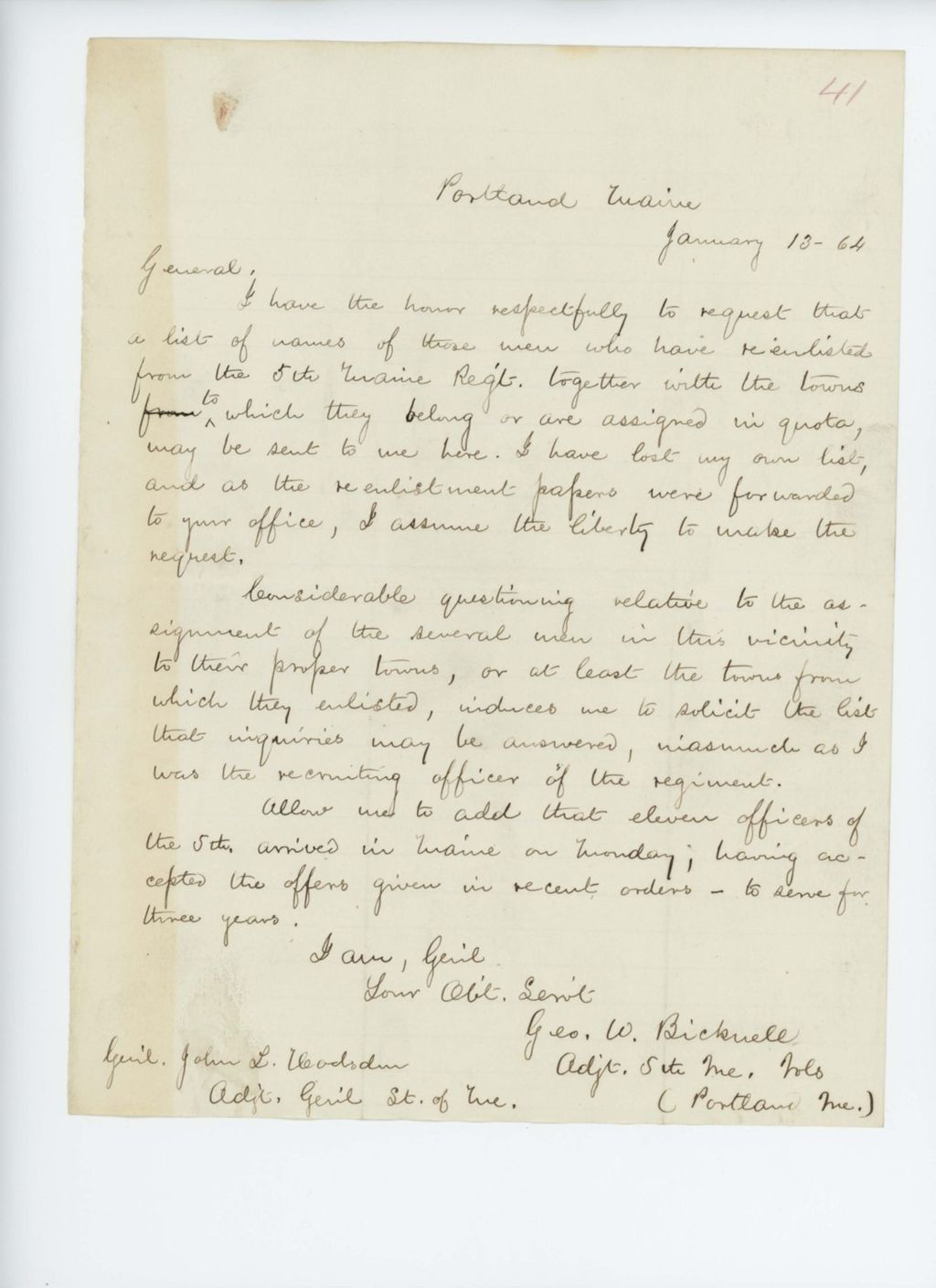 Miniature of Adjutant George W. Bicknell requests a list of re-enlisted men