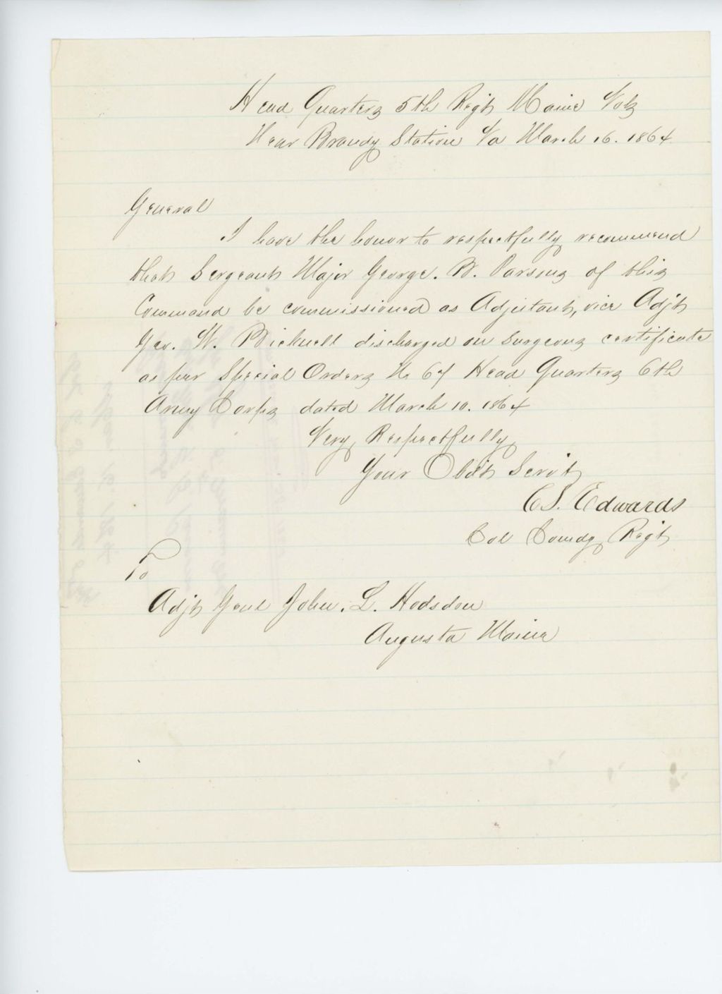 Miniature of Colonel Edwards recommends Sergeant Major George B. Parsons for commission as Adjutant
