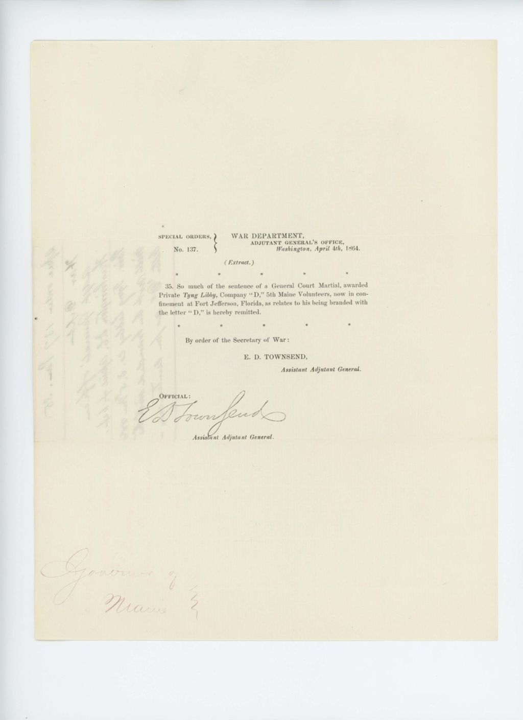 Miniature of Special Order 137 remits part of court martial of Tyng Libby requiring him to be branded with a "D"