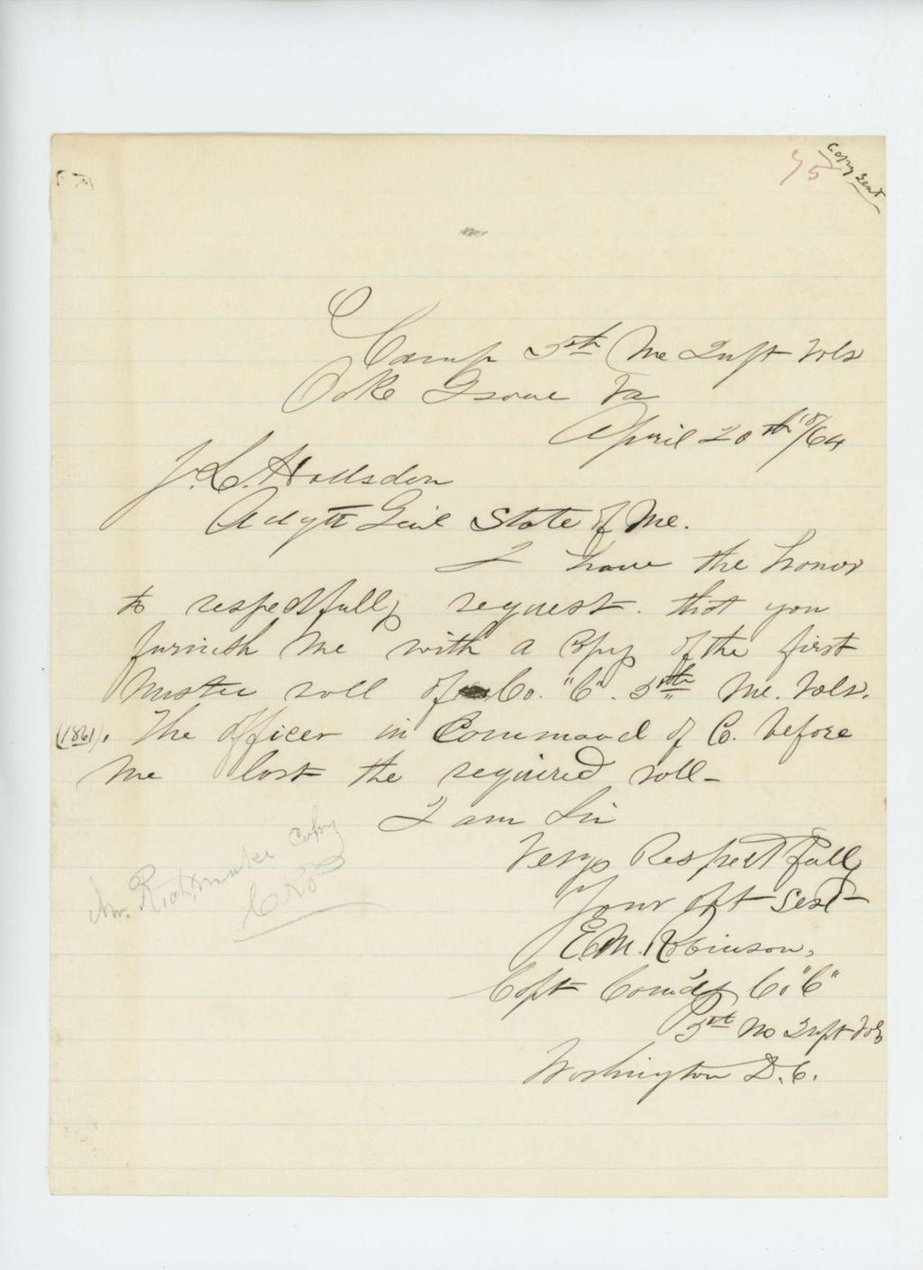 Miniature of Captain E. Robinson requests a copy of the first muster roll of Company C