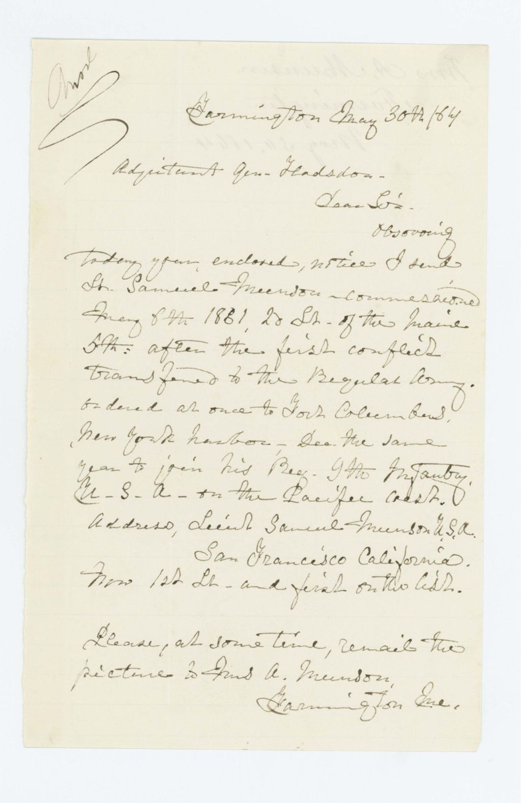 Miniature of Mrs. A. Munson writes Adjutant General Hodsdon regarding Lieutenant Samuel Munson