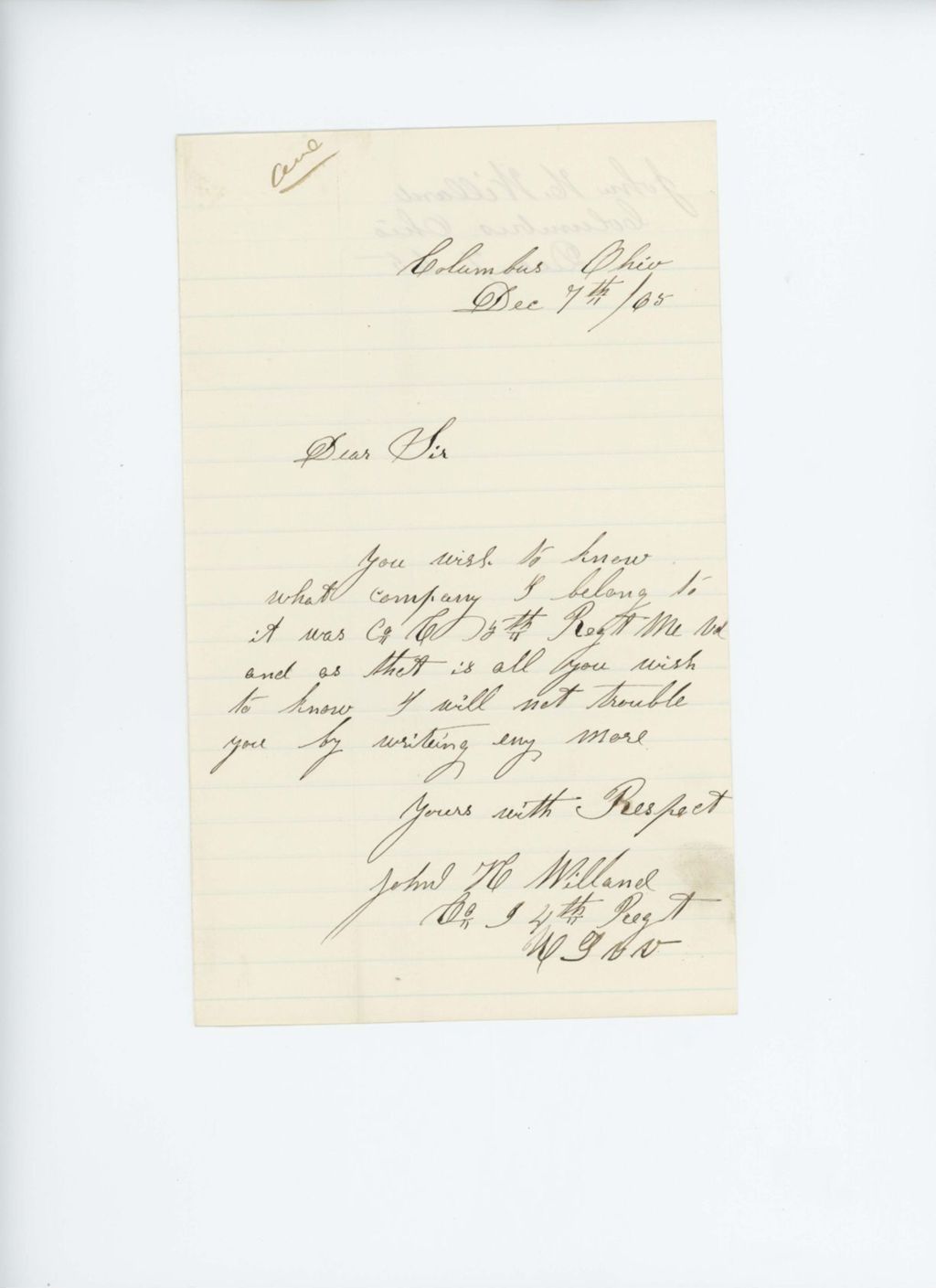 Miniature of John H. Willard responds to query about his Company affiliation