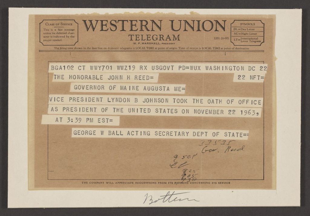 Miniature of Telegram from George Ball to Gov. Reed about Vice President Johnson taking Oath of Office