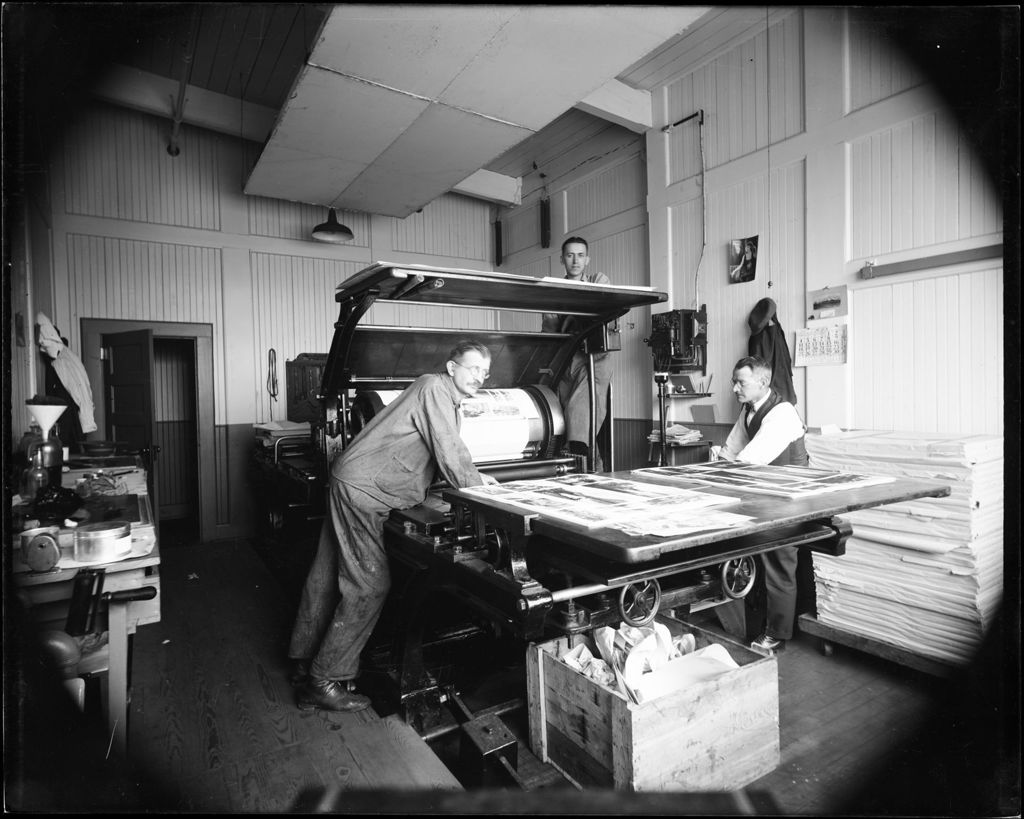 Miniature of Three Men At Large Printing Press, Nessler's Printing Press Operation, Nj