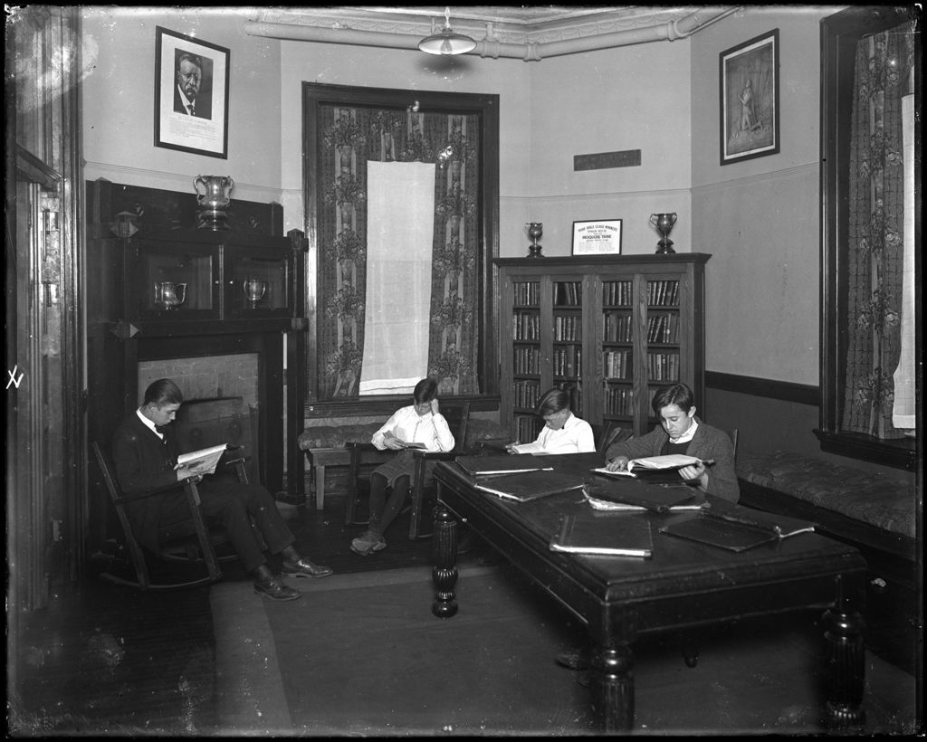 Miniature of Group Of Young Men (Boys) Reading In A Lounge At School, Picture Of T. Roosevelt On Wall, N.J.