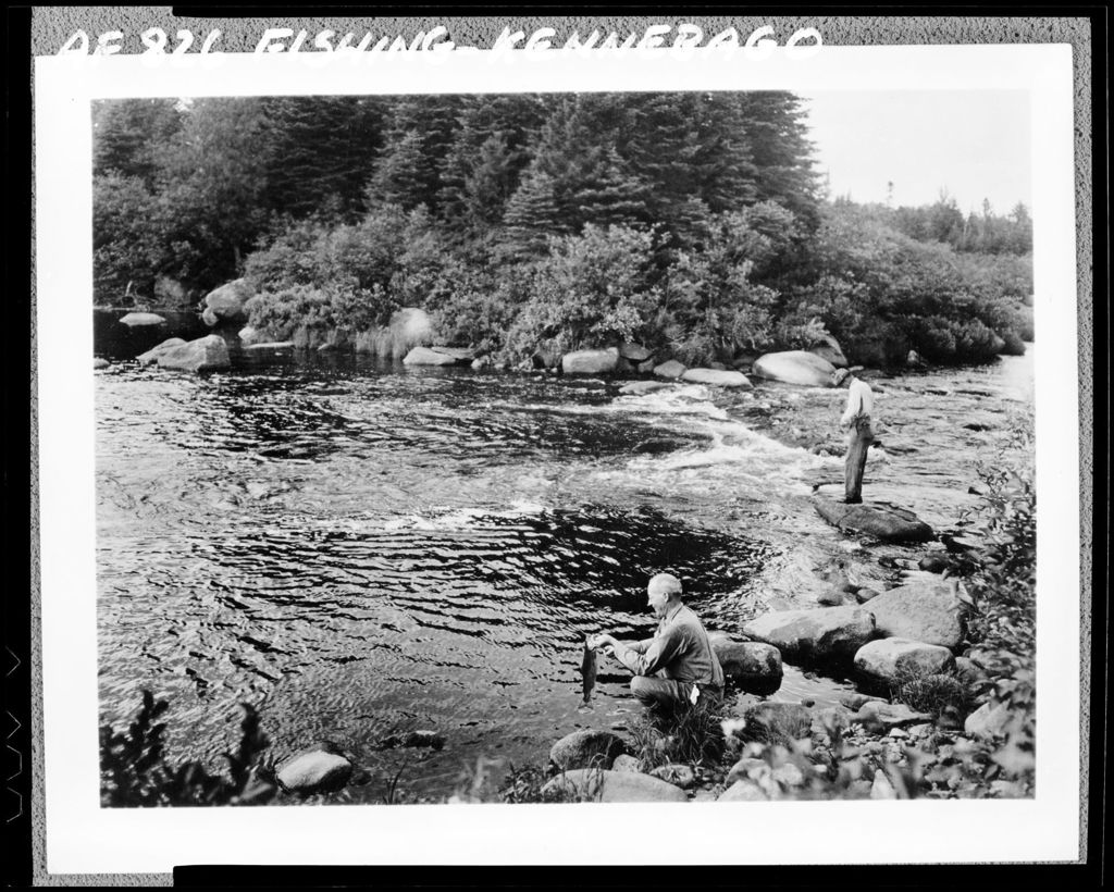 Miniature of Two Men Stream Fishing, One Unhooking Fish