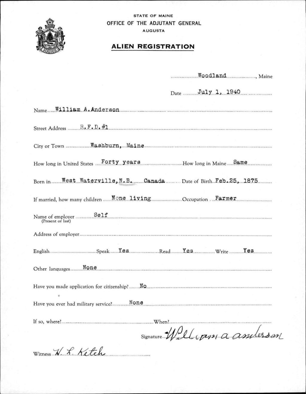 Miniature of Alien Registration- Anderson, William A. (Wade, Aroostook County)