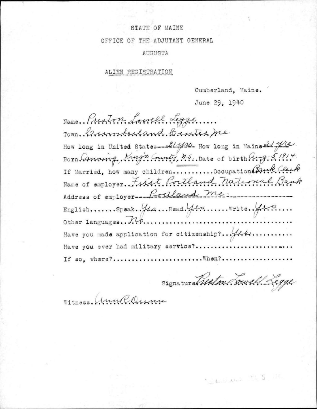 Miniature of Alien Registration- Legge, Preston L. (Baldwin, Cumberland County)