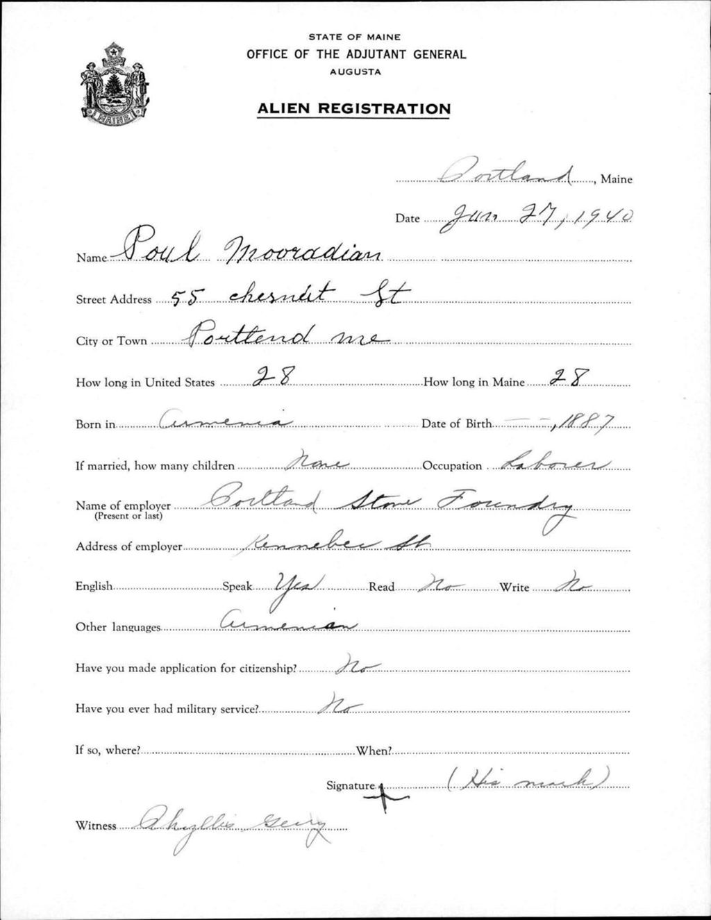 Miniature of Alien Registration- Mooradian, Paul (Portland, Cumberland County)