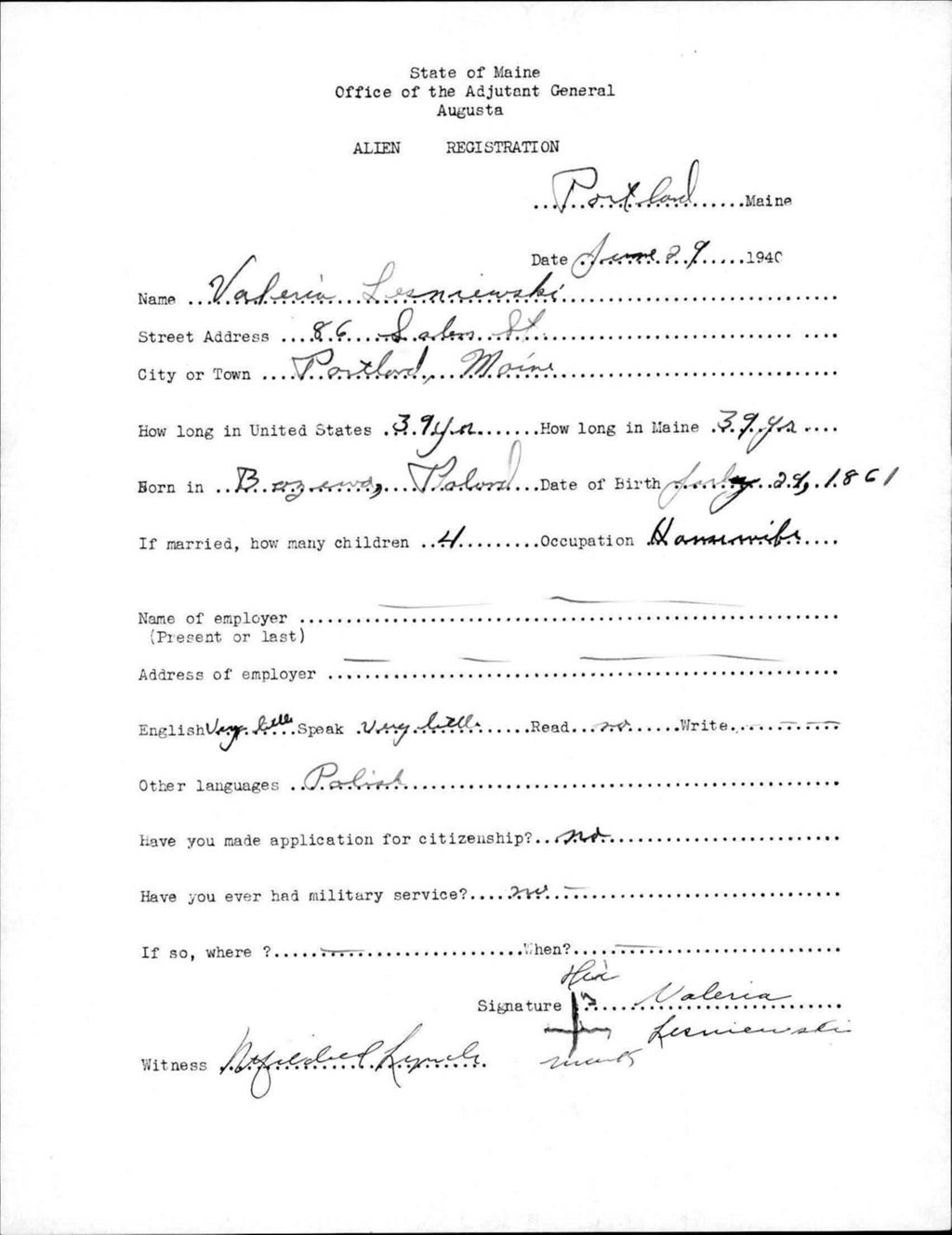 Miniature of Alien Registration- Lesniewski, Valeria (Portland, Cumberland County)