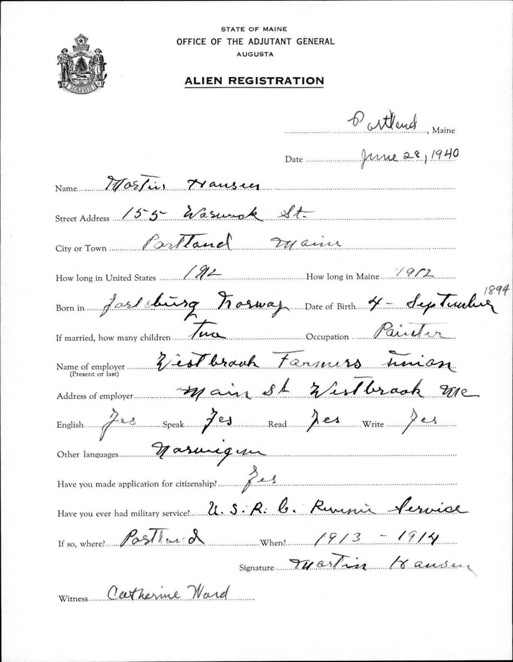 Miniature of Alien Registration- Hansen, Martin (Portland, Cumberland County)