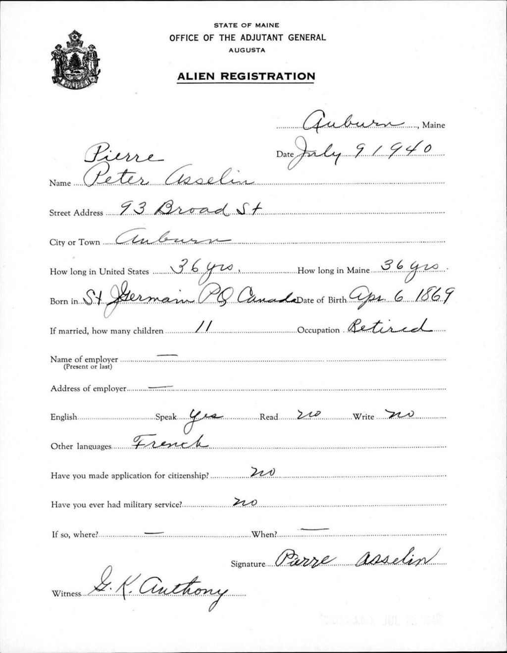 Miniature of Alien Registration- Asselin, Peter (Pierre) (Auburn, Androscoggin County)
