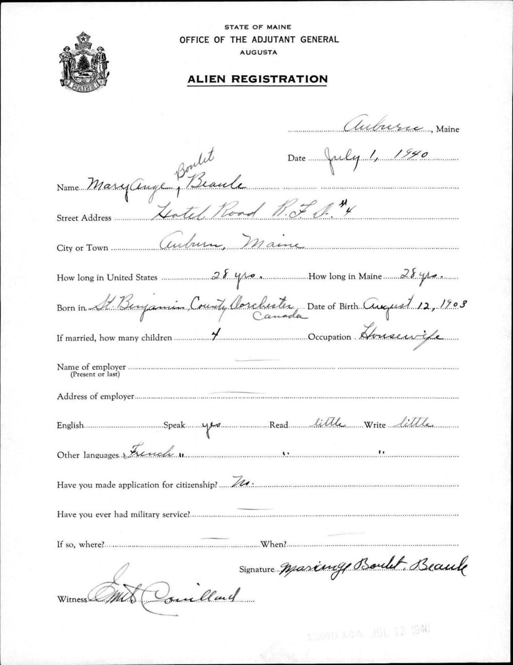 Miniature of Alien Registration- Boulet, Mary A. (Auburn, Androscoggin County)