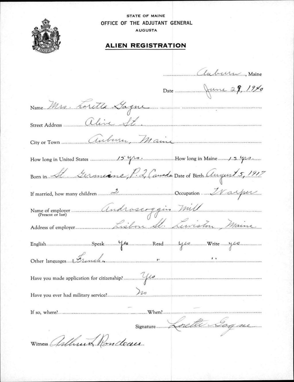 Miniature of Alien Registration- Gagne, Lorette (Auburn, Androscoggin County)