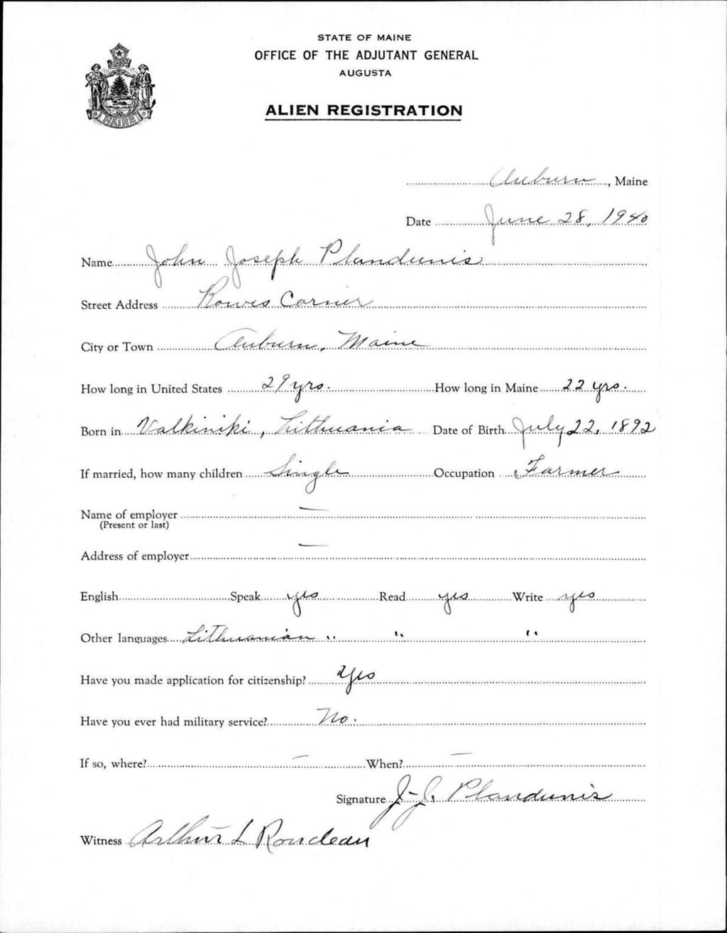 Miniature of Alien Registration- Plandunis, John J. (Auburn, Androscoggin County)