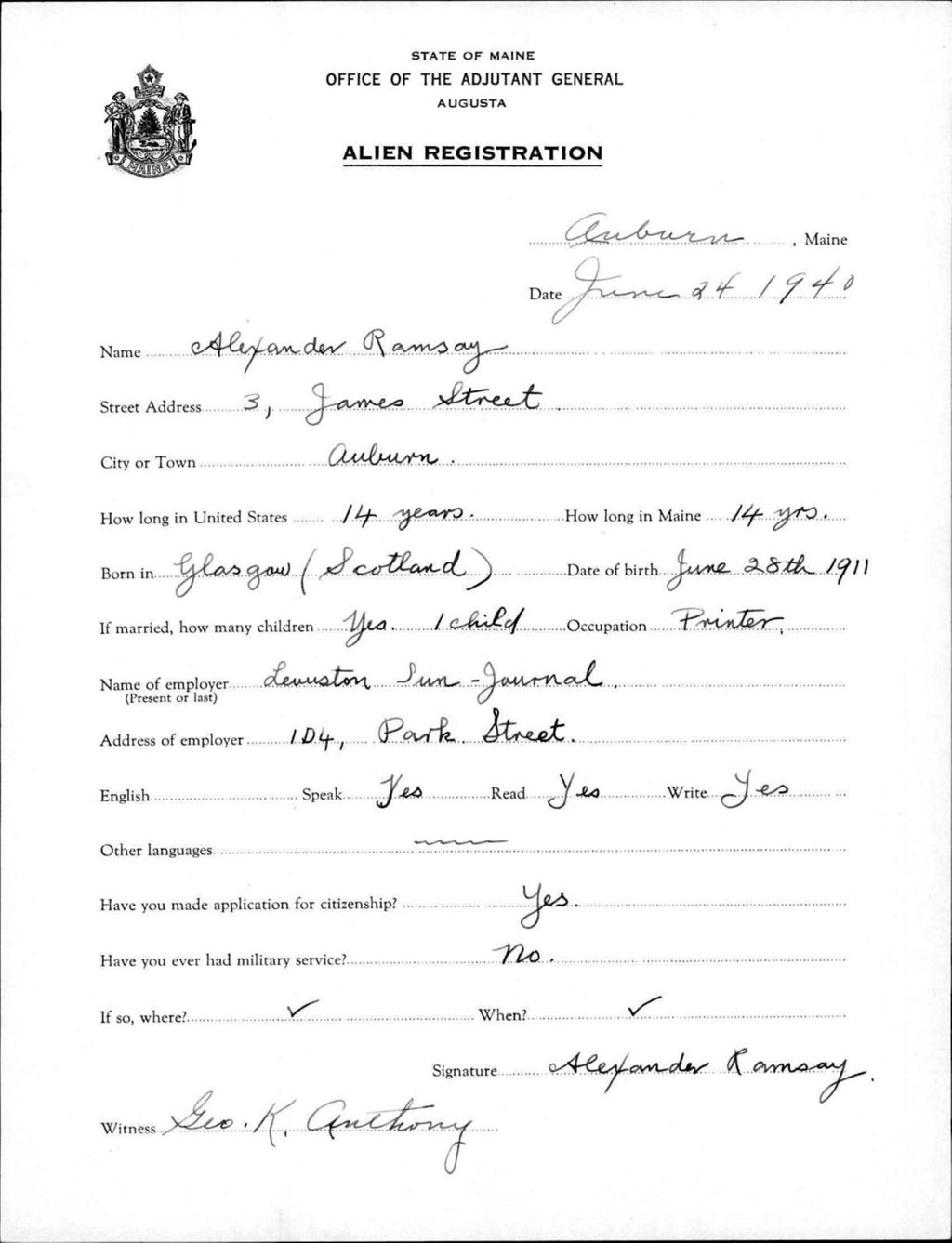 Miniature of Alien Registration- Ramsay, Alexander (Auburn, Androscoggin County)