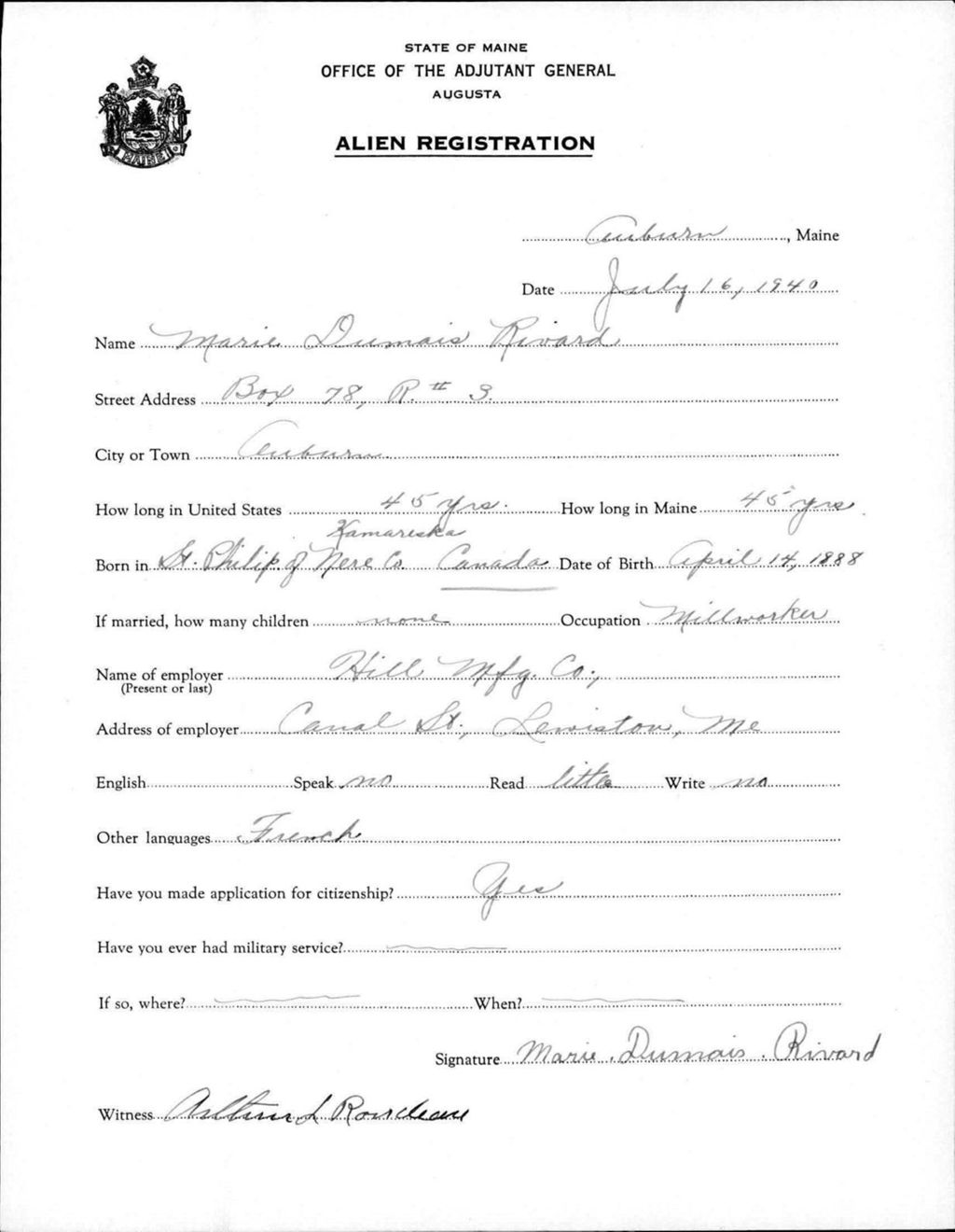 Miniature of Alien Registration- Dumais, Marie (Auburn, Androscoggin County)