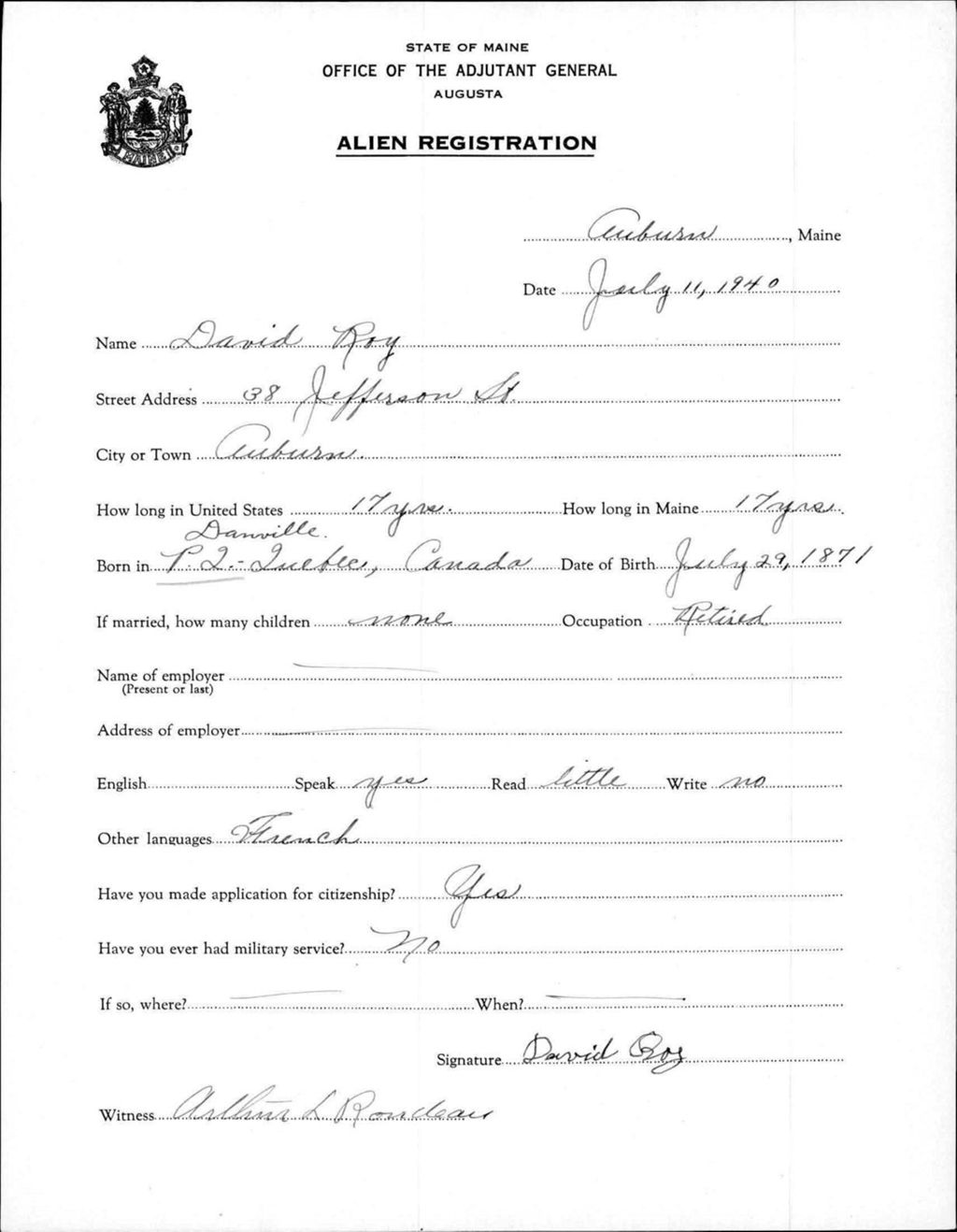Miniature of Alien Registration- Roy, David (Auburn, Androscoggin County)