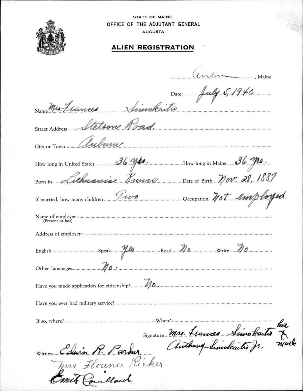 Miniature of Alien Registration- Simokaitis, Frances (Auburn, Androscoggin County)