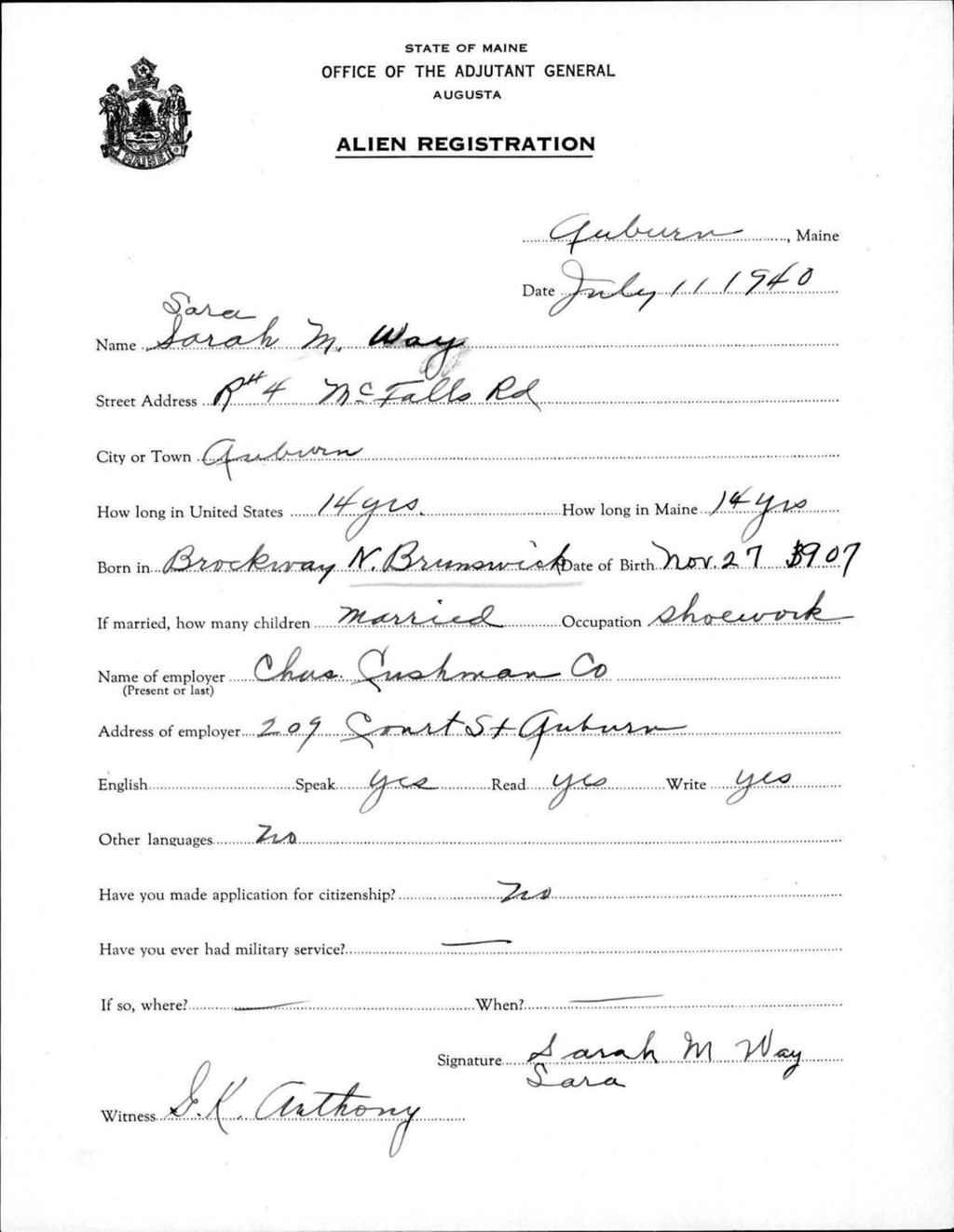 Miniature of Alien Registration- Way, Sarah (Sara) M. (Auburn, Androscoggin County)