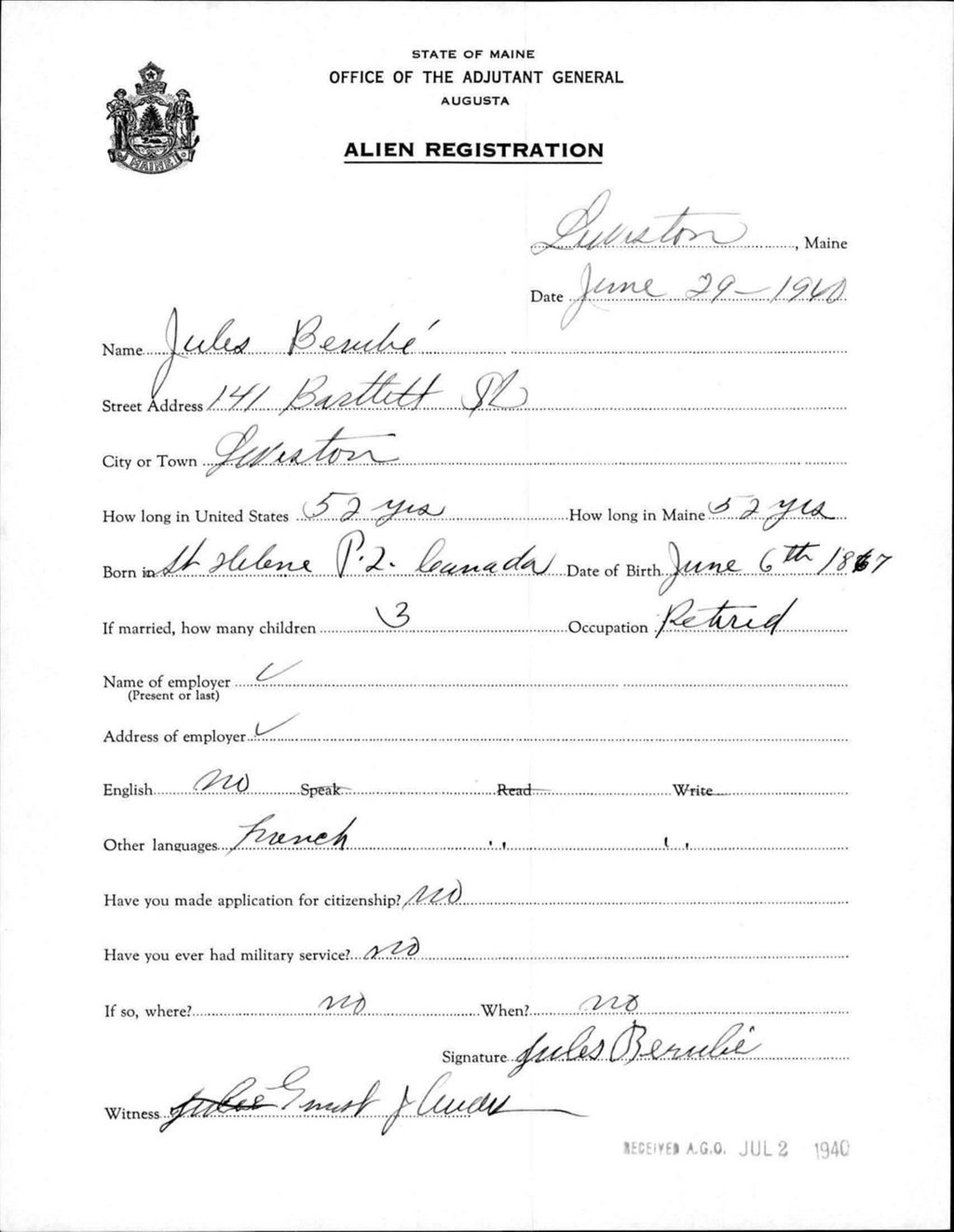 Miniature of Alien Registration- Berube, Jules (Lewiston, Androscoggin County)