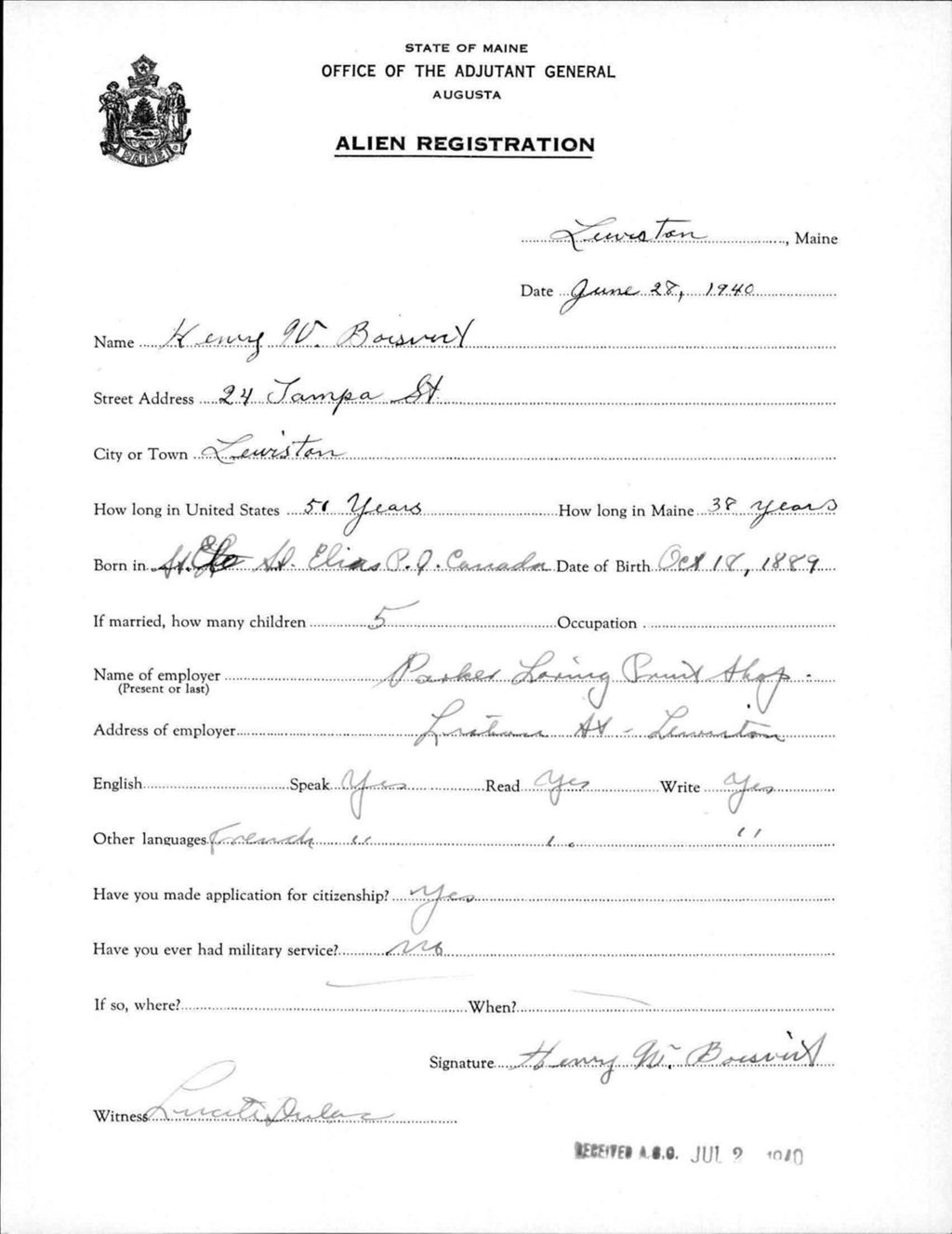 Miniature of Alien Registration- Boisvert, Henry W. (Lewiston, Androscoggin County)