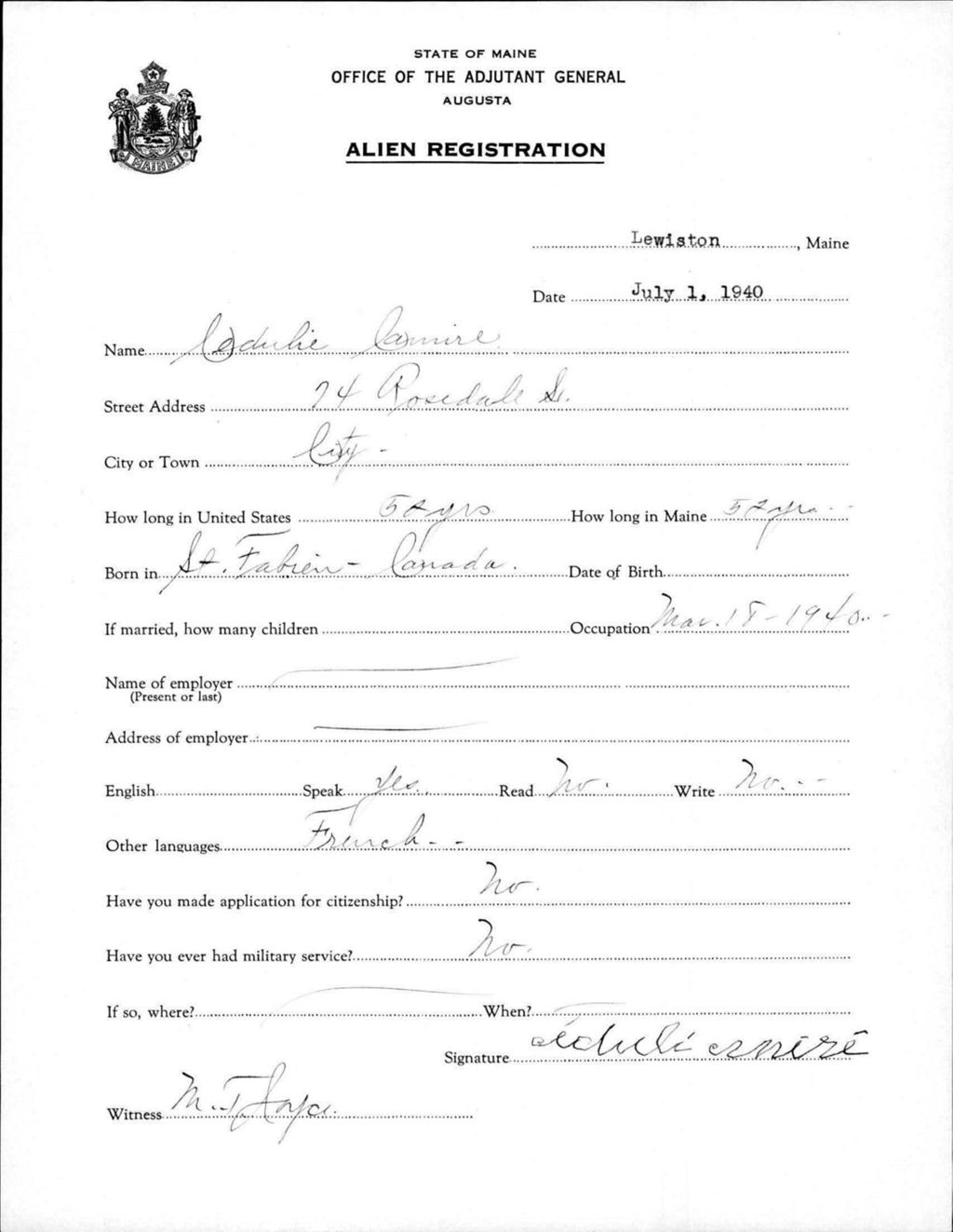 Miniature of Alien Registration- Camire, Cederlie (Lewiston, Androscoggin County)