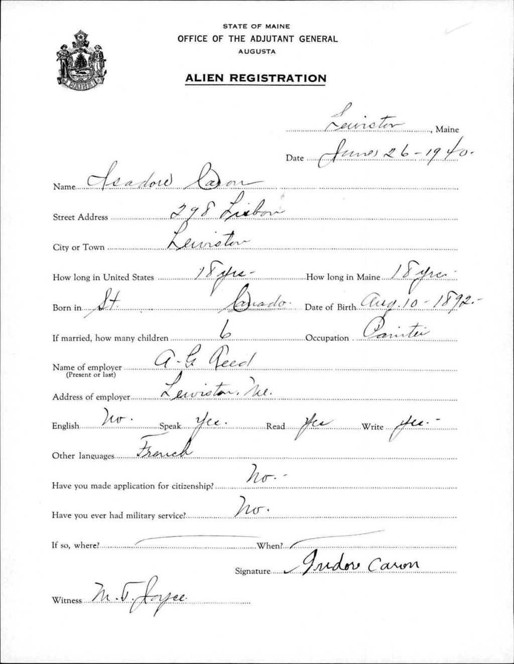 Miniature of Alien Registration- Caron, Isadore (Lewiston, Androscoggin County)