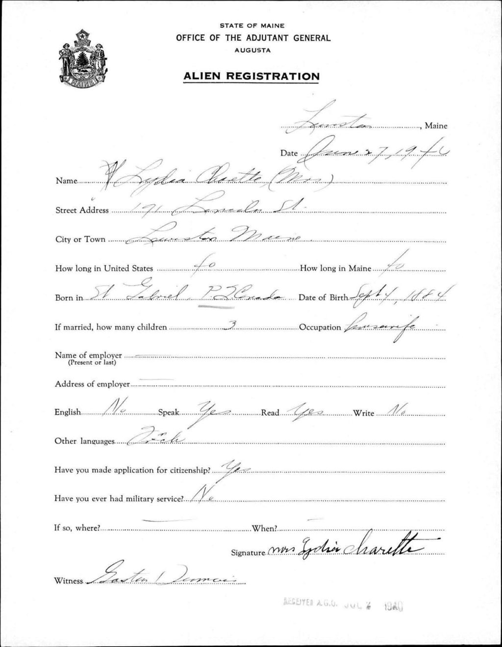 Miniature of Alien Registration- Charette, Lydia (Lewiston, Androscoggin County)