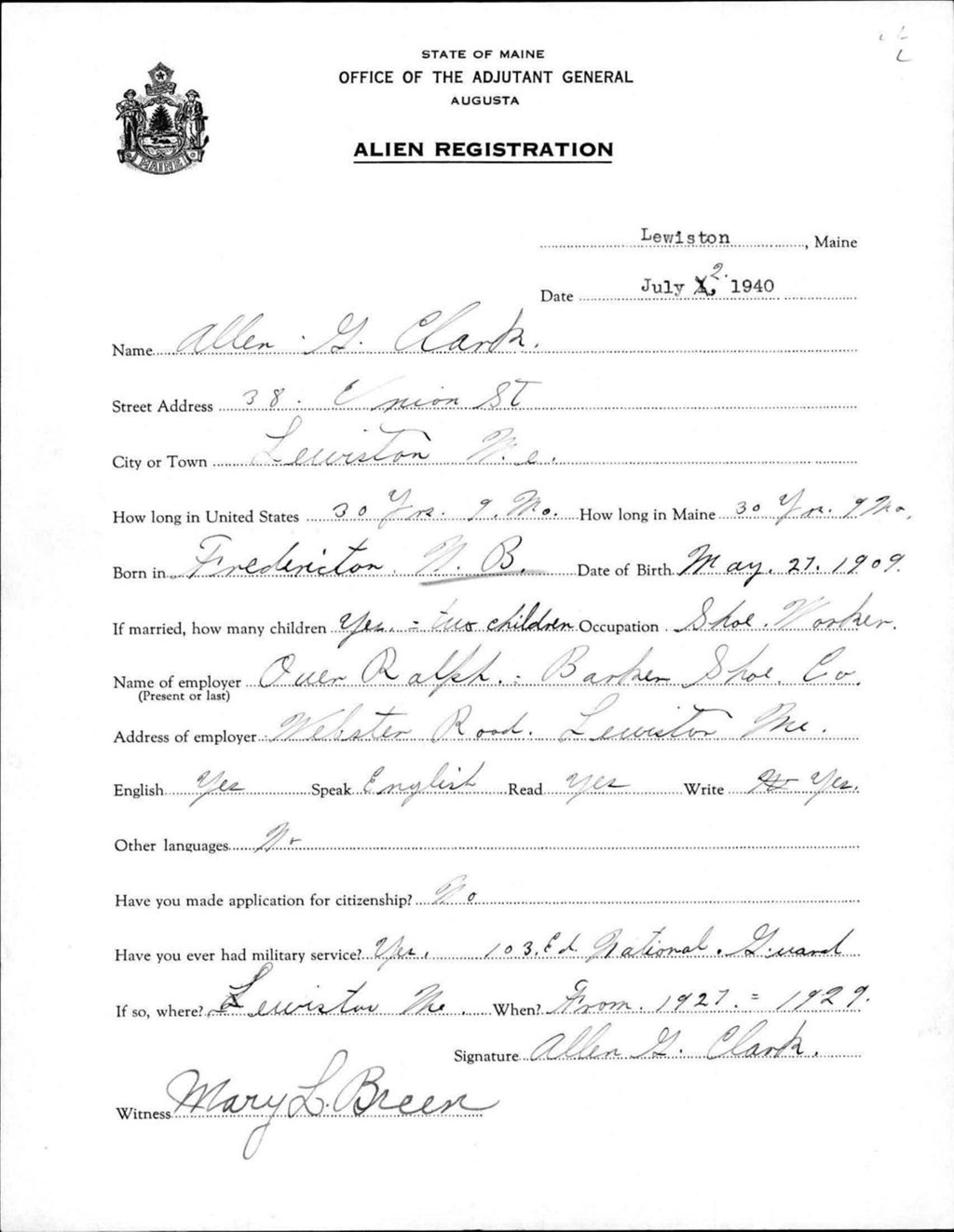 Miniature of Alien Registration- Clark, Allen G. (Lewiston, Androscoggin County)