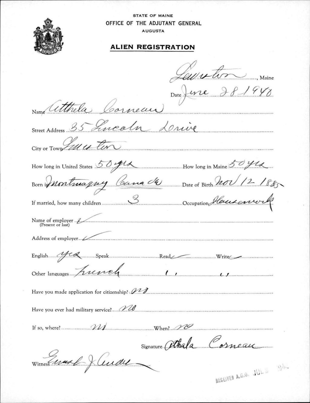 Miniature of Alien Registration- Corneau, Athala (Lewiston, Androscoggin County)