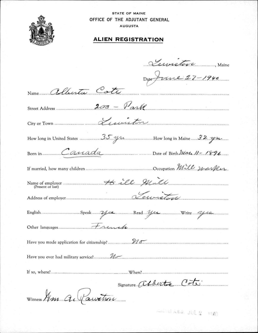 Miniature of Alien Registration- Cote, Alberta (Lewiston, Androscoggin County)