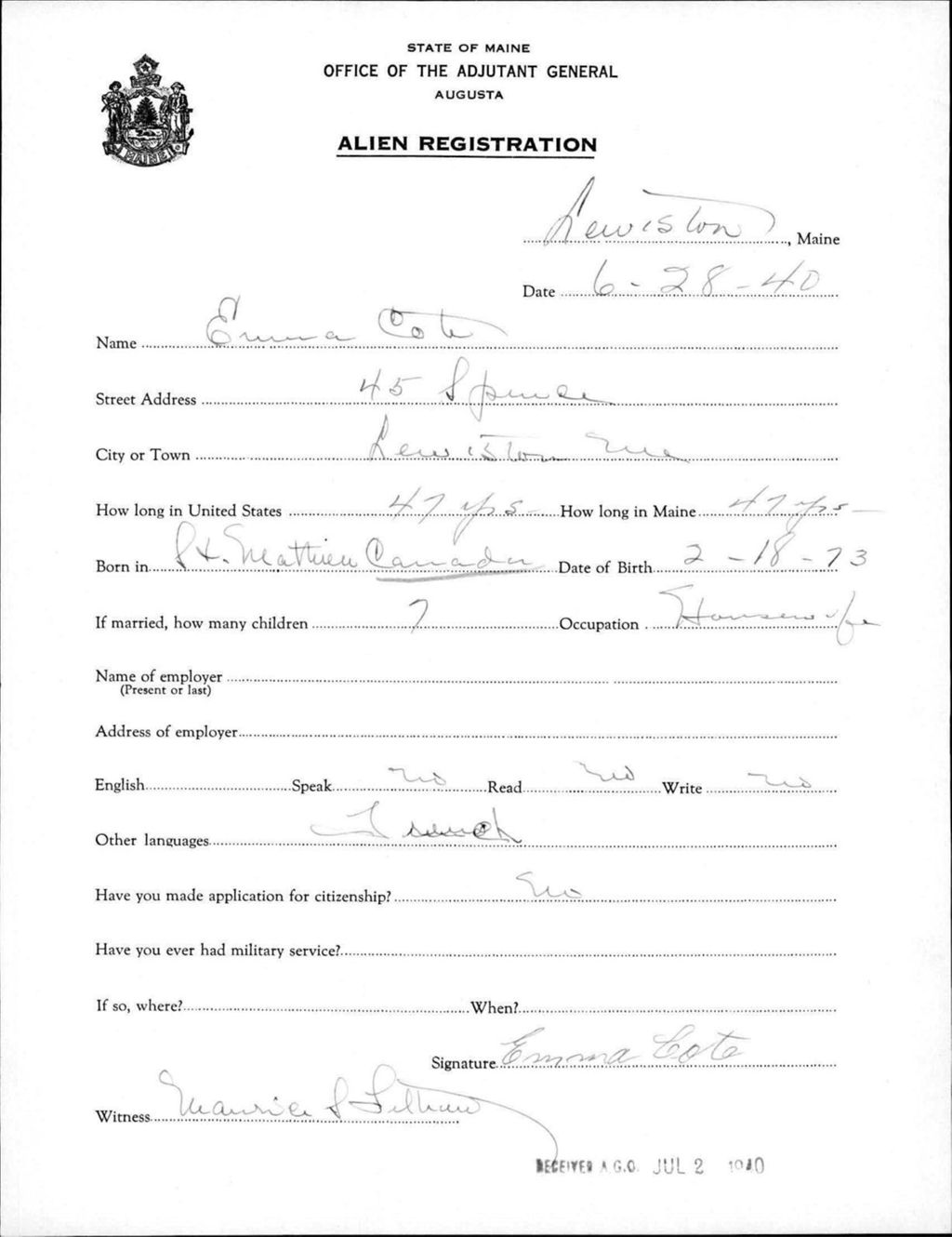 Miniature of Alien Registration- Cote, Emma (Lewiston, Androscoggin County)