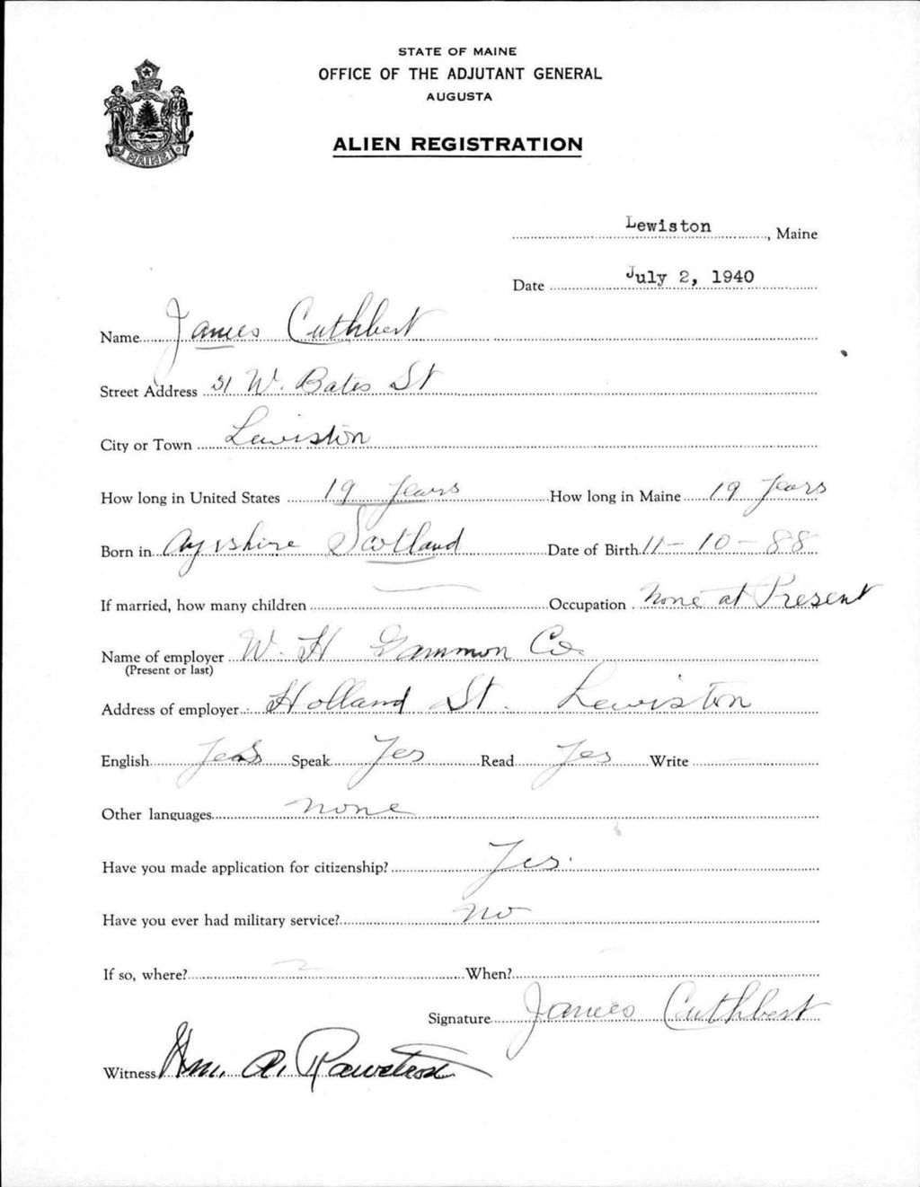 Miniature of Alien Registration- Cuthbert, James (Lewiston, Androscoggin County)