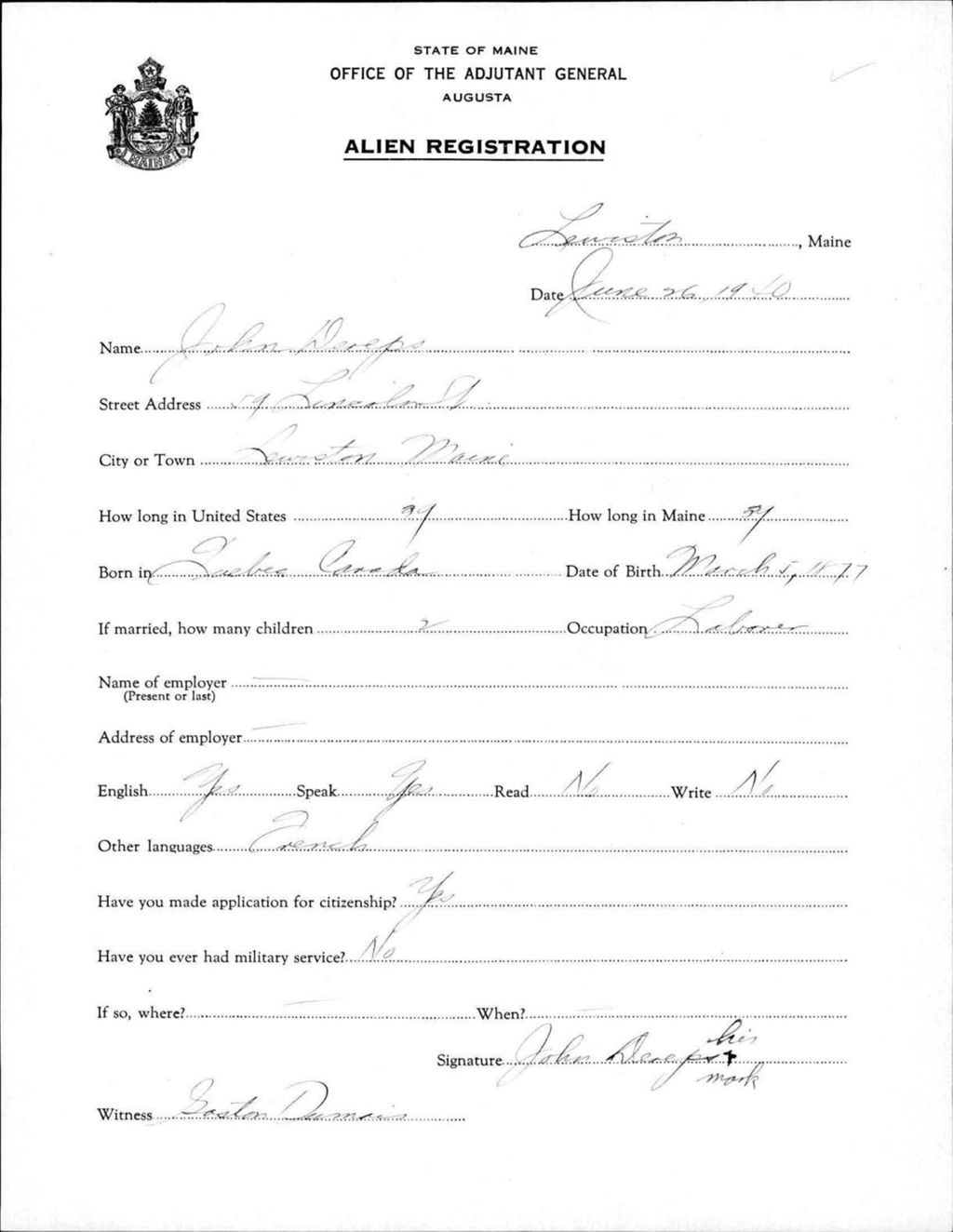 Miniature of Alien Registration- Dereps, John (Lewiston, Androscoggin County)