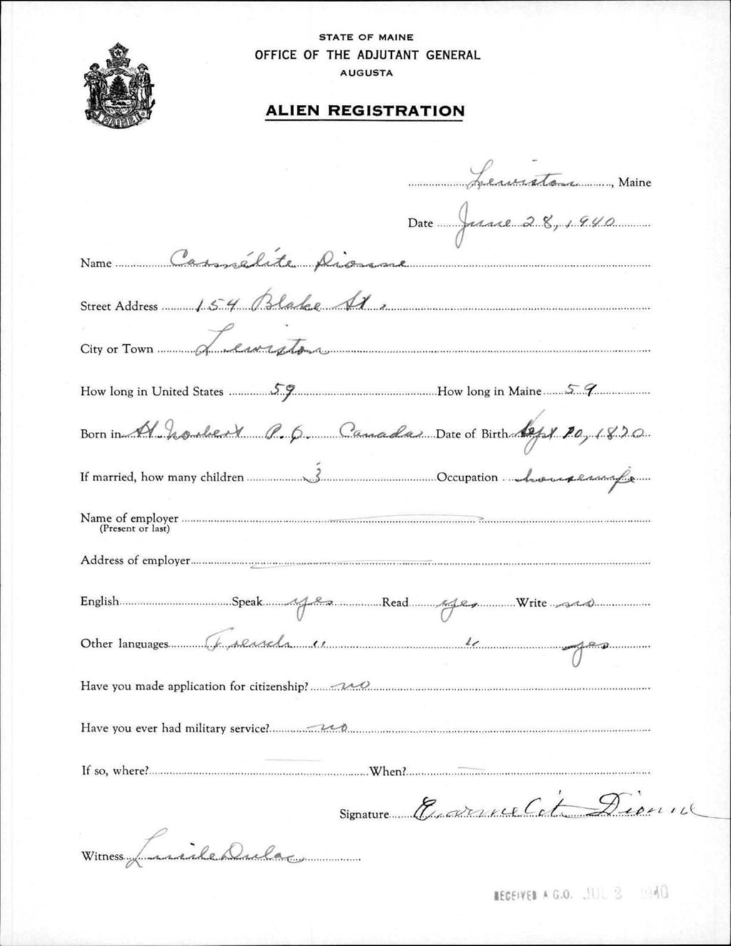 Miniature of Alien Registration- Dionne, Carmelite (Lewiston, Androscoggin County)