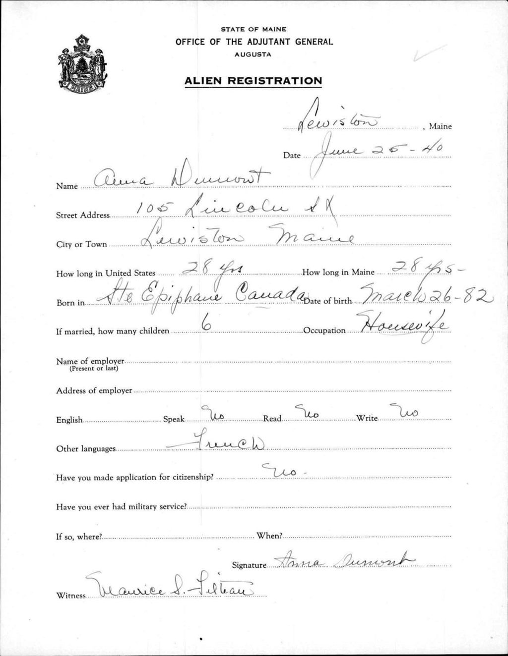Miniature of Alien Registration- Dumont, Anna (Lewiston, Androscoggin County)