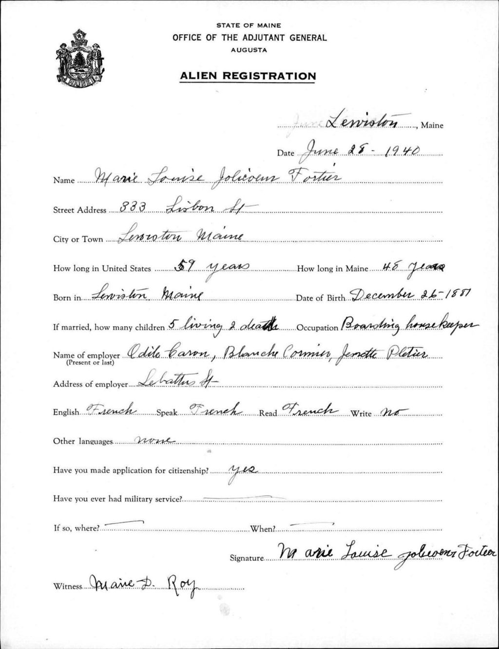 Miniature of Alien Registration- Jolicoeur, Marie L. (Lewiston, Androscoggin County)