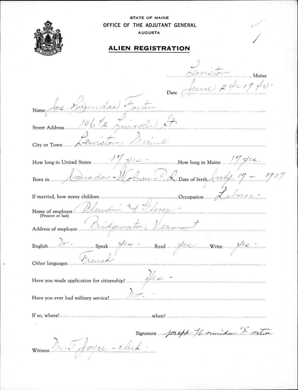 Miniature of Alien Registration- Fortin, Joseph H. (Lewiston, Androscoggin County)