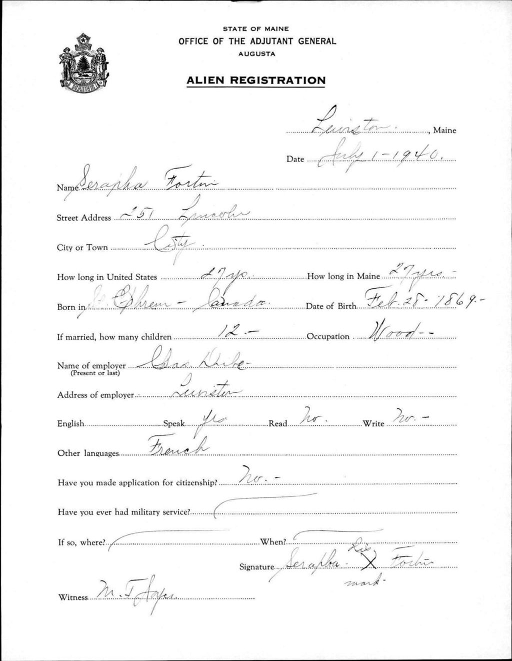 Miniature of Alien Registration- Fortin, Serapha (Lewiston, Androscoggin County)