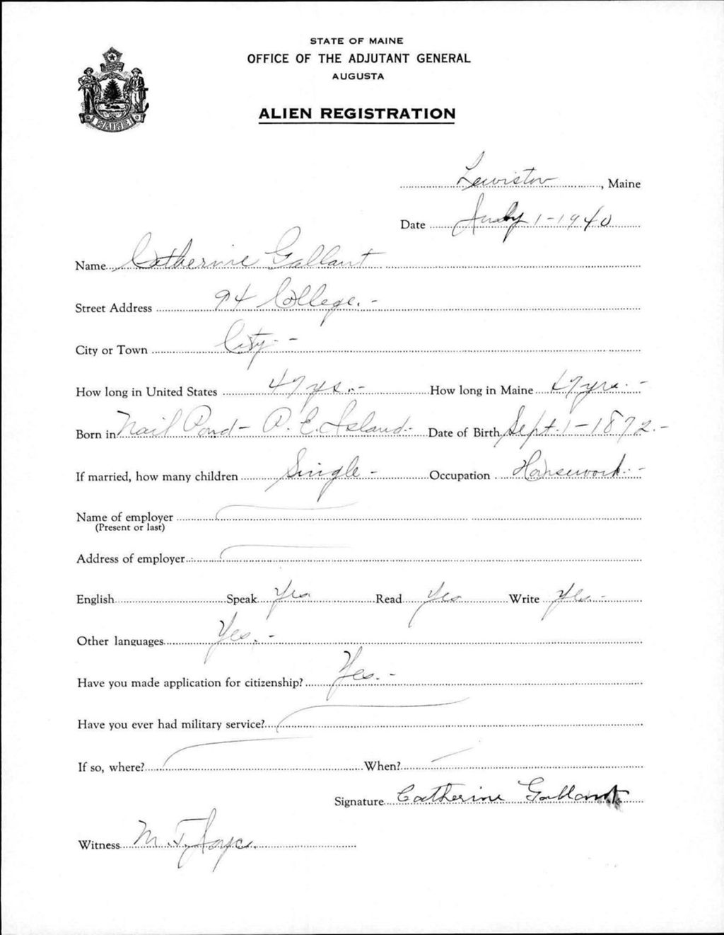 Miniature of Alien Registration- Gallant, Catherine (Lewiston, Androscoggin County)