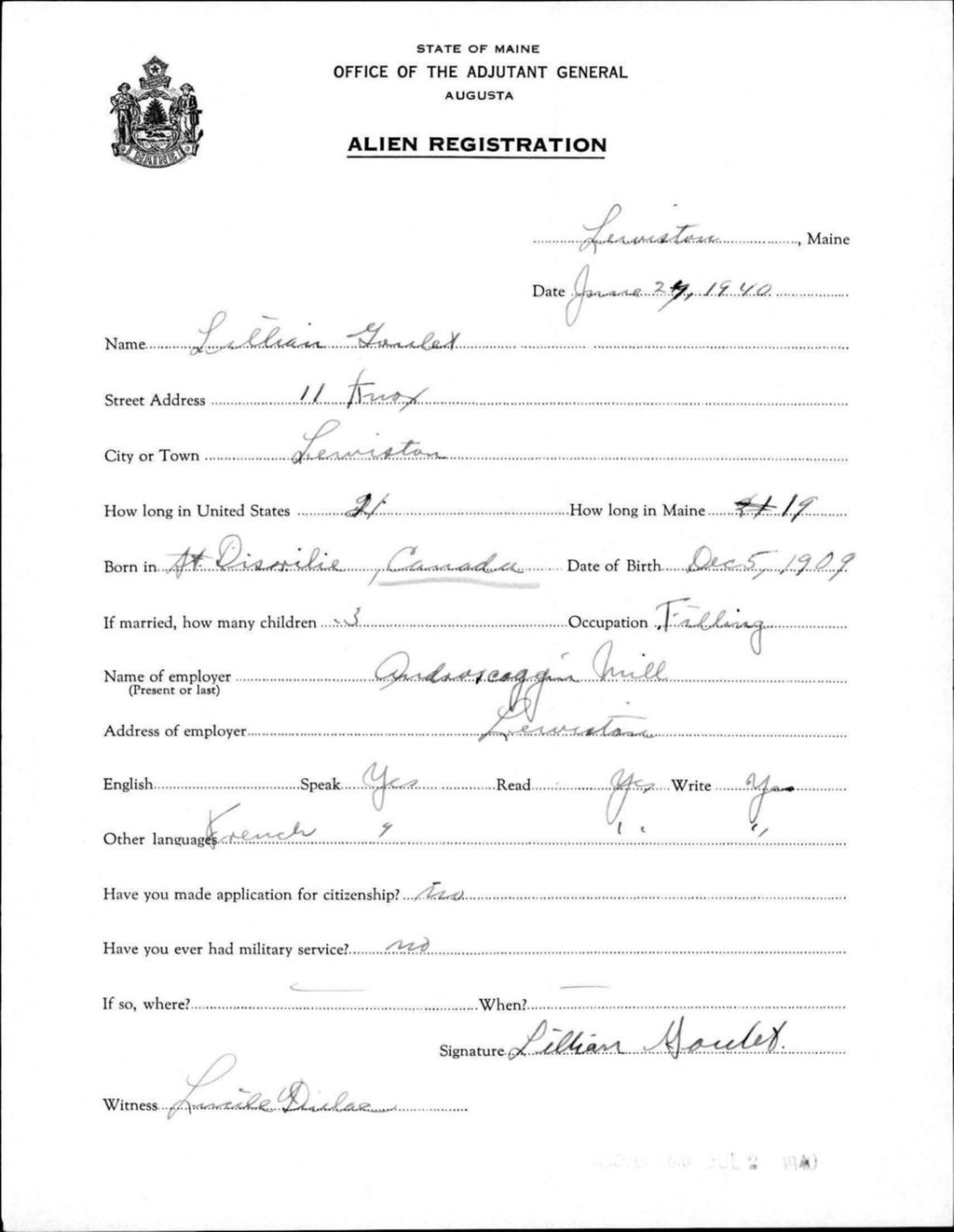 Miniature of Alien Registration- Goulet, Lillian (Lewiston, Androscoggin County)
