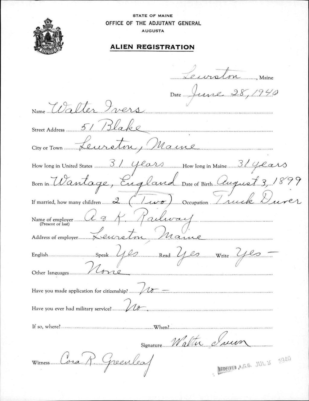 Miniature of Alien Registration- Ivers, Walter (Lewiston, Androscoggin County)