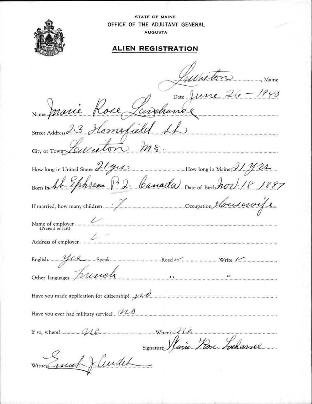Miniature of Alien Registration- Lachance, Marie R. (Lewiston, Androscoggin County)
