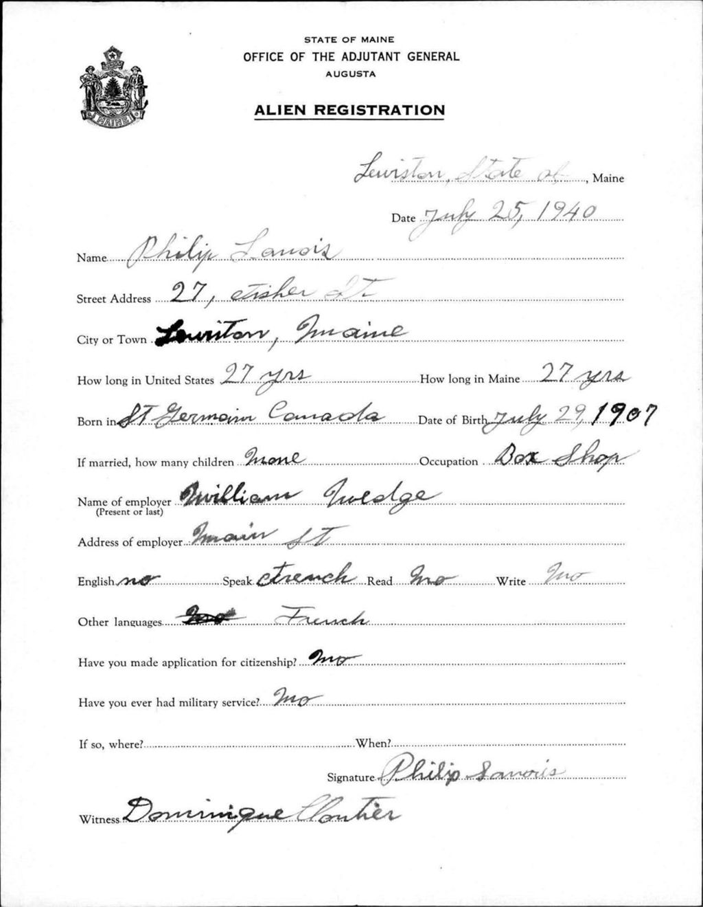 Miniature of Alien Registration- Lavois, Philip (Lewiston, Androscoggin County)