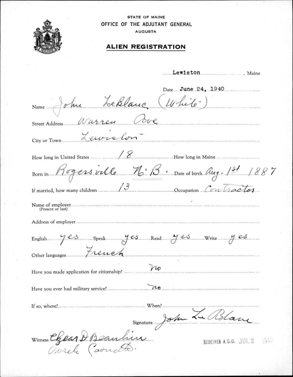 Miniature of Alien Registration- Leblanc, John (Lewiston, Androscoggin County)